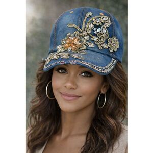 Denim Floral Rhinestone Bling Baseball Cap Distressed Jean Hat Adjustable